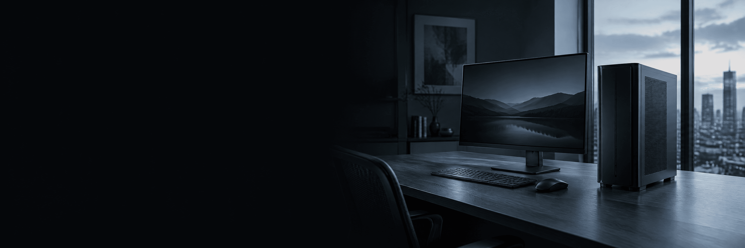 A black tower workstation on a desk beside a monitor in a studio at dusk